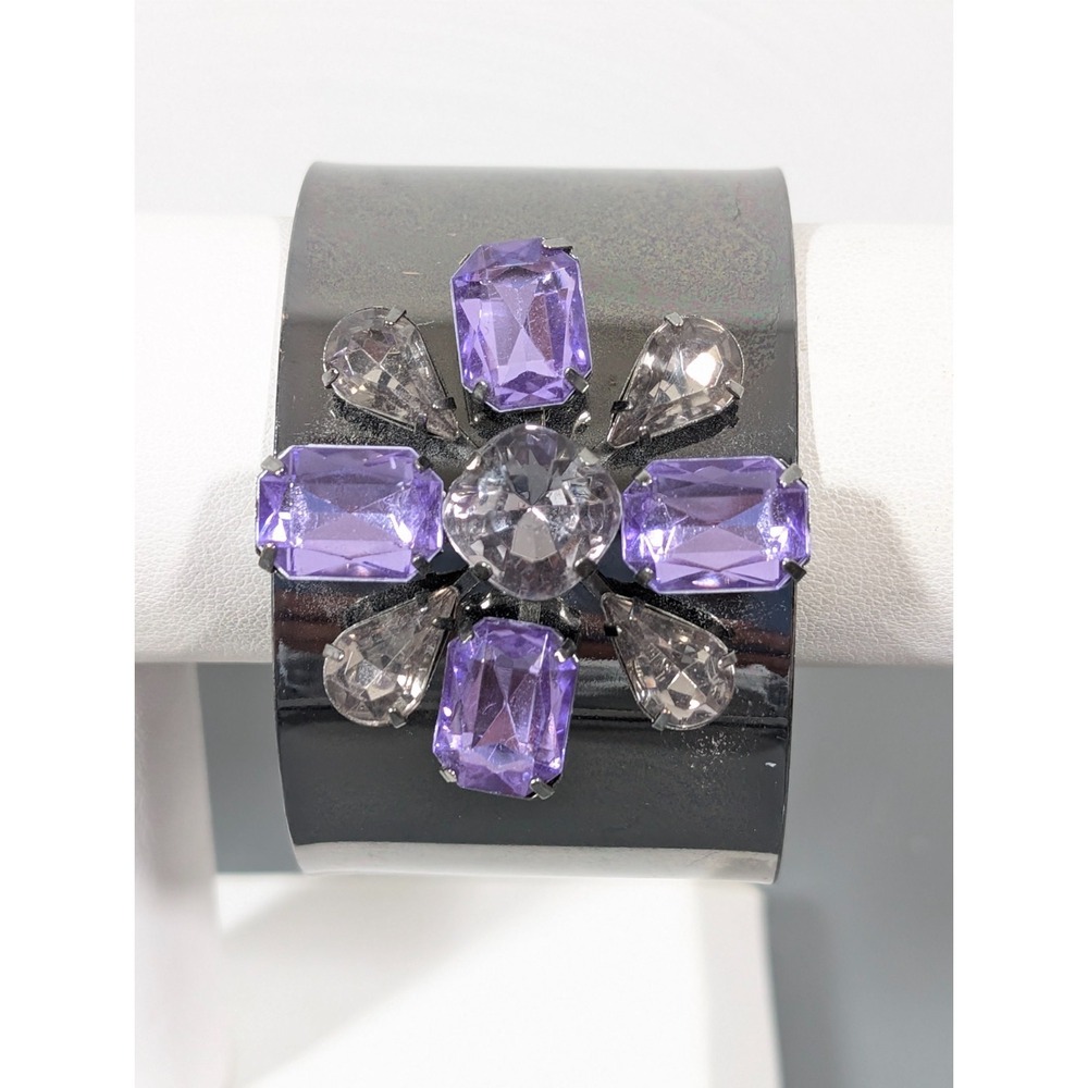 Statement Floral Cuff Bracelet Purple Rhinestone Wide Gray‎ Tone Signed NR 7.5"